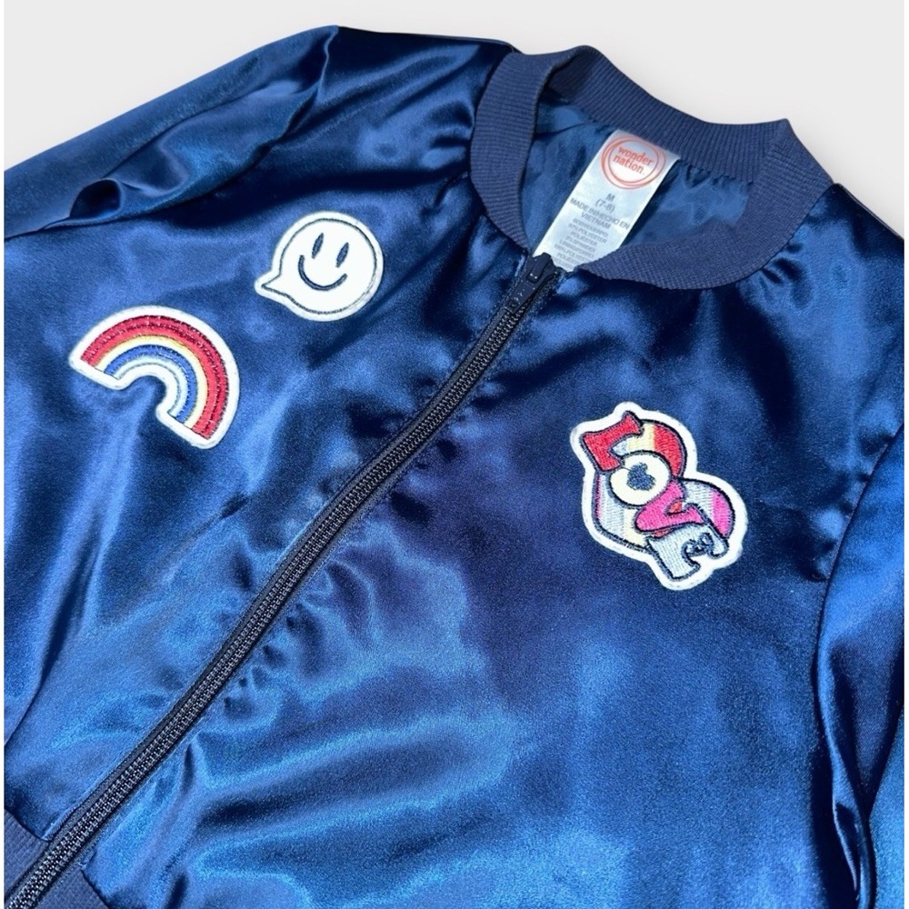 Wonderβ Nation Kids Navy Blue Bomber Jacket With Patches Size Med (7-8)
